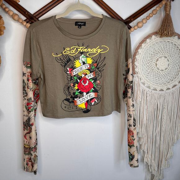 Ed Hardy Tops - Ed Hardy Dagger Rose Crop Tattoo Sleeve T